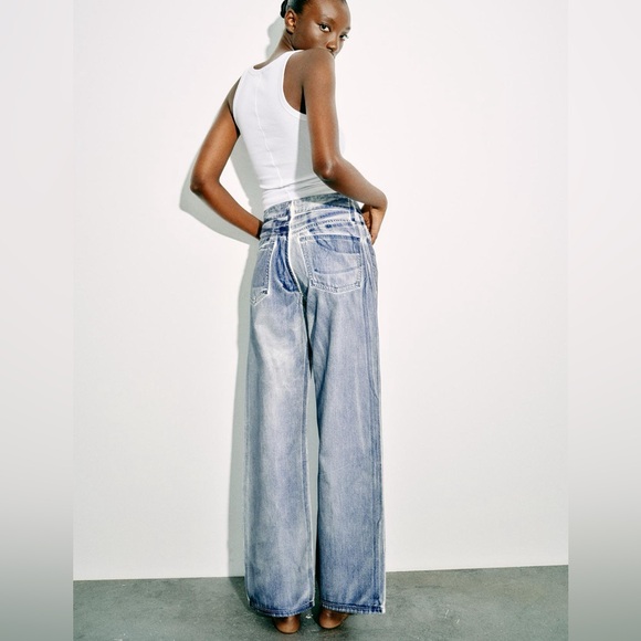 NEW ZARA WOMAN TRE MID WAIST LOOSE FOIL JEANS BLUE WITH WHITE 26 (US 2) - Picture 5 of 10
